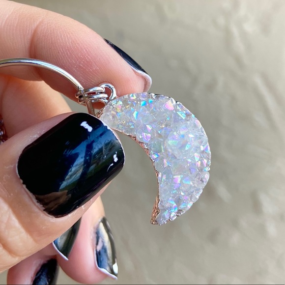 Moon crystal necklace . Stainless steel chains druzy aura quartz moon charm boho - Picture 10 of 15